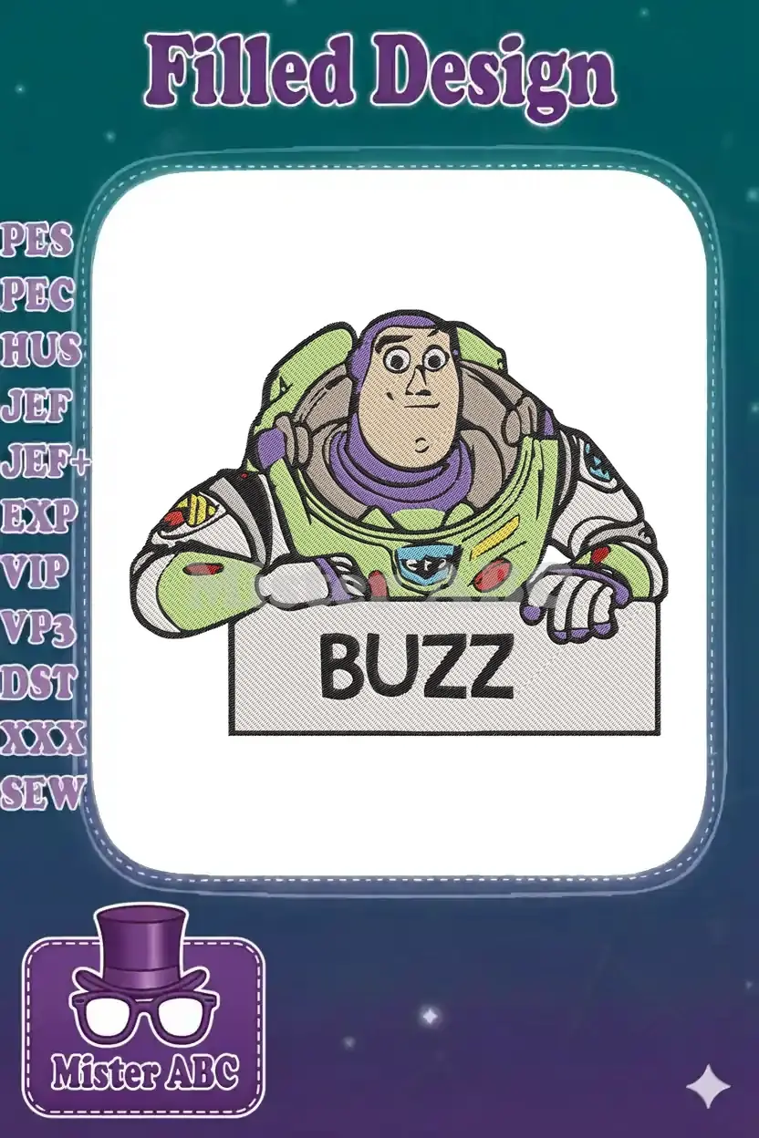 Dynamic Buzz Lightyear embroidery design peeking over a "BUZZ" sign, featuring vibrant colors and detailed stitching.