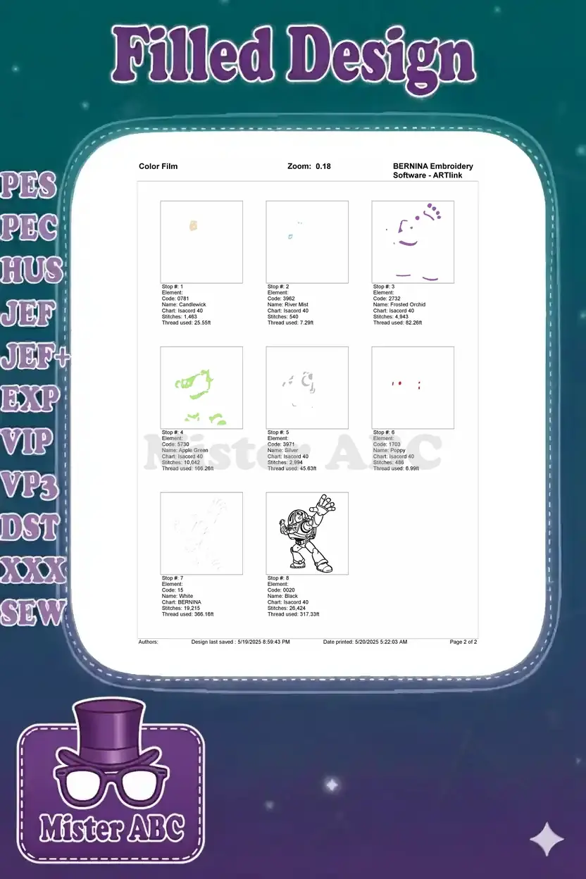 A color film sequence for the Buzz Lightyear embroidery design, detailing the stitching order for each of the 8 colors.