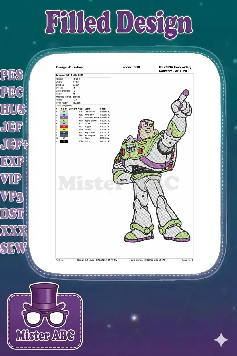 A detailed embroidery design worksheet for Buzz Lightyear, showing dimensions, stitch count, and thread colors.