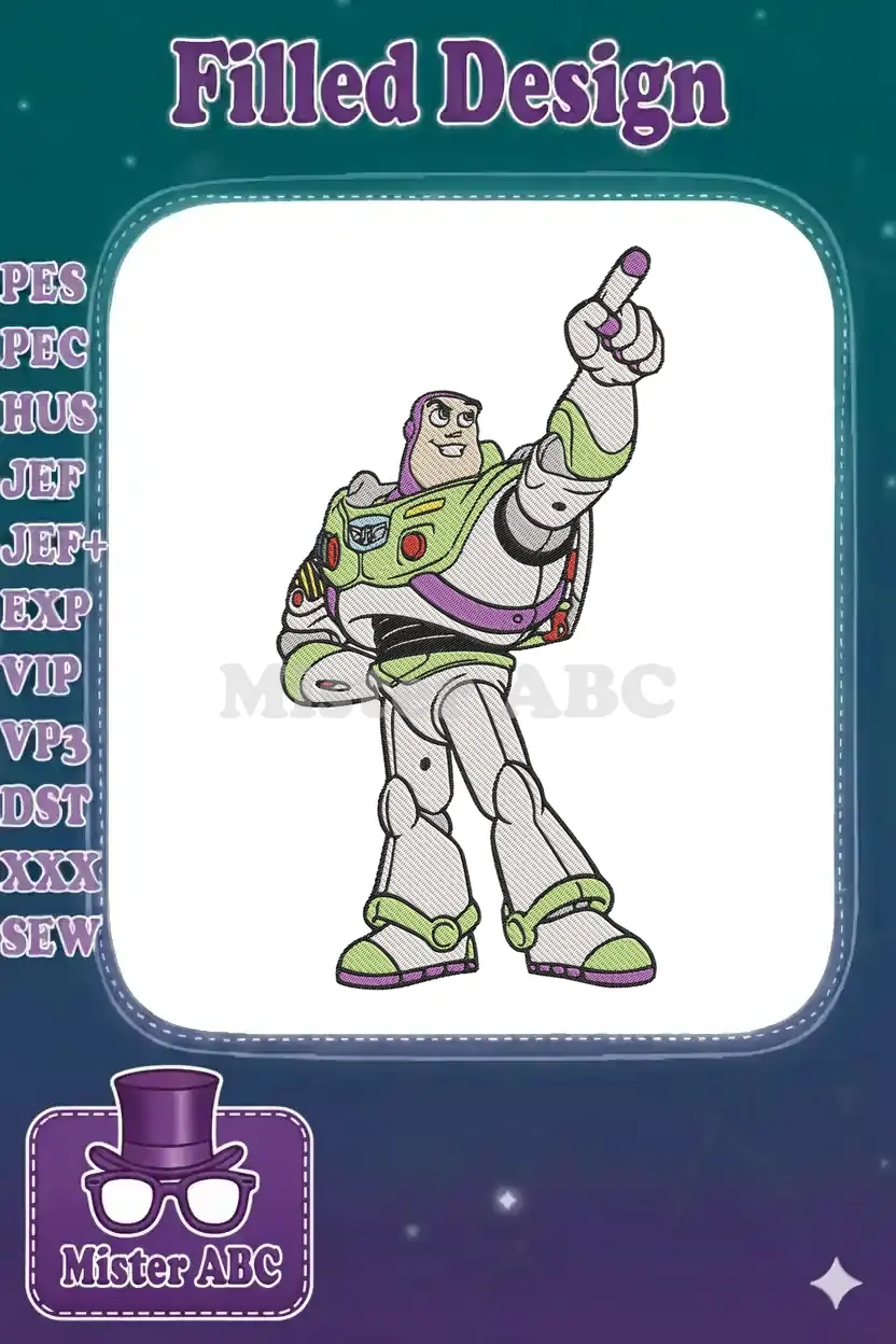 A vibrant embroidery design of Buzz Lightyear from Toy Story, pointing heroically, ready for adventure.