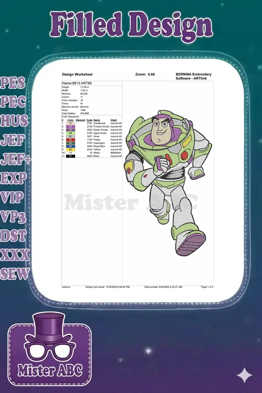 Embroidery design worksheet for Buzz Lightyear, detailing dimensions, stitch count, and color sequence.