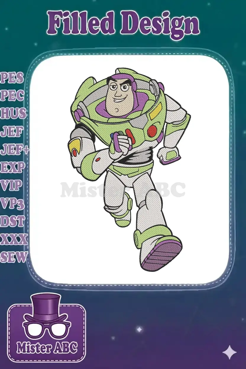 Vibrant embroidery design of Buzz Lightyear from Toy Story in an action pose, showcasing detailed stitching.