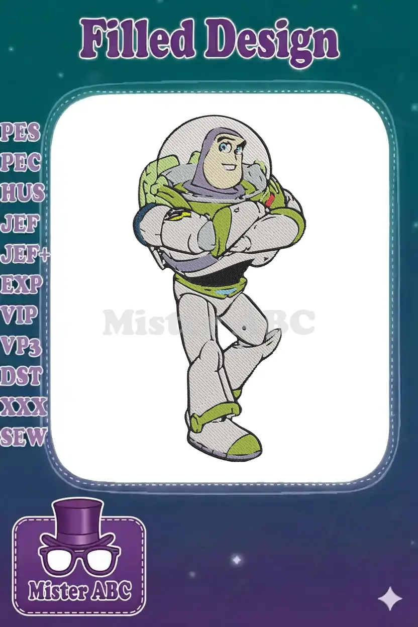 Dynamic Buzz Lightyear embroidery design, arms crossed, smiling confidently in his iconic space ranger suit.