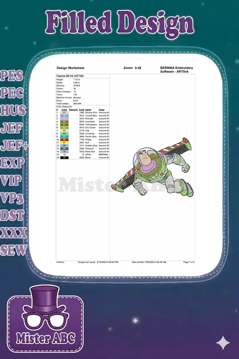 Embroidery design worksheet for Buzz Lightyear, showing dimensions, stitch count, colors, and thread chart.