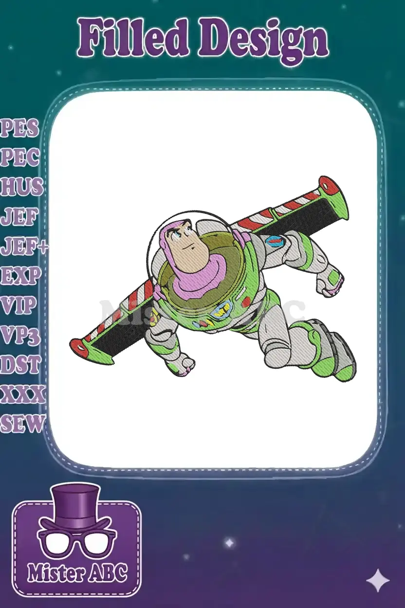 Detailed embroidery design of Buzz Lightyear from Toy Story, flying with his wings extended, vibrant colors.