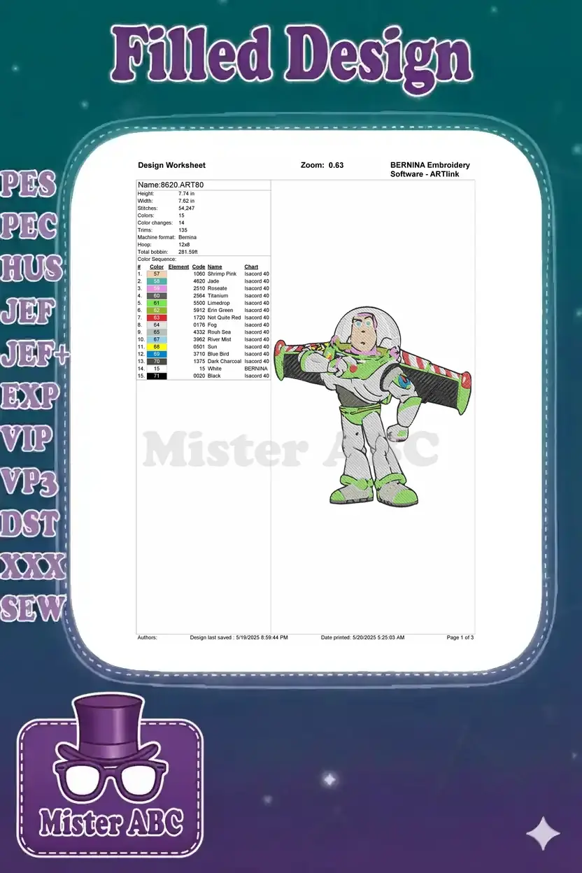 An embroidery design worksheet showing Buzz Lightyear, with detailed specifications including dimensions, colors, and thread types.