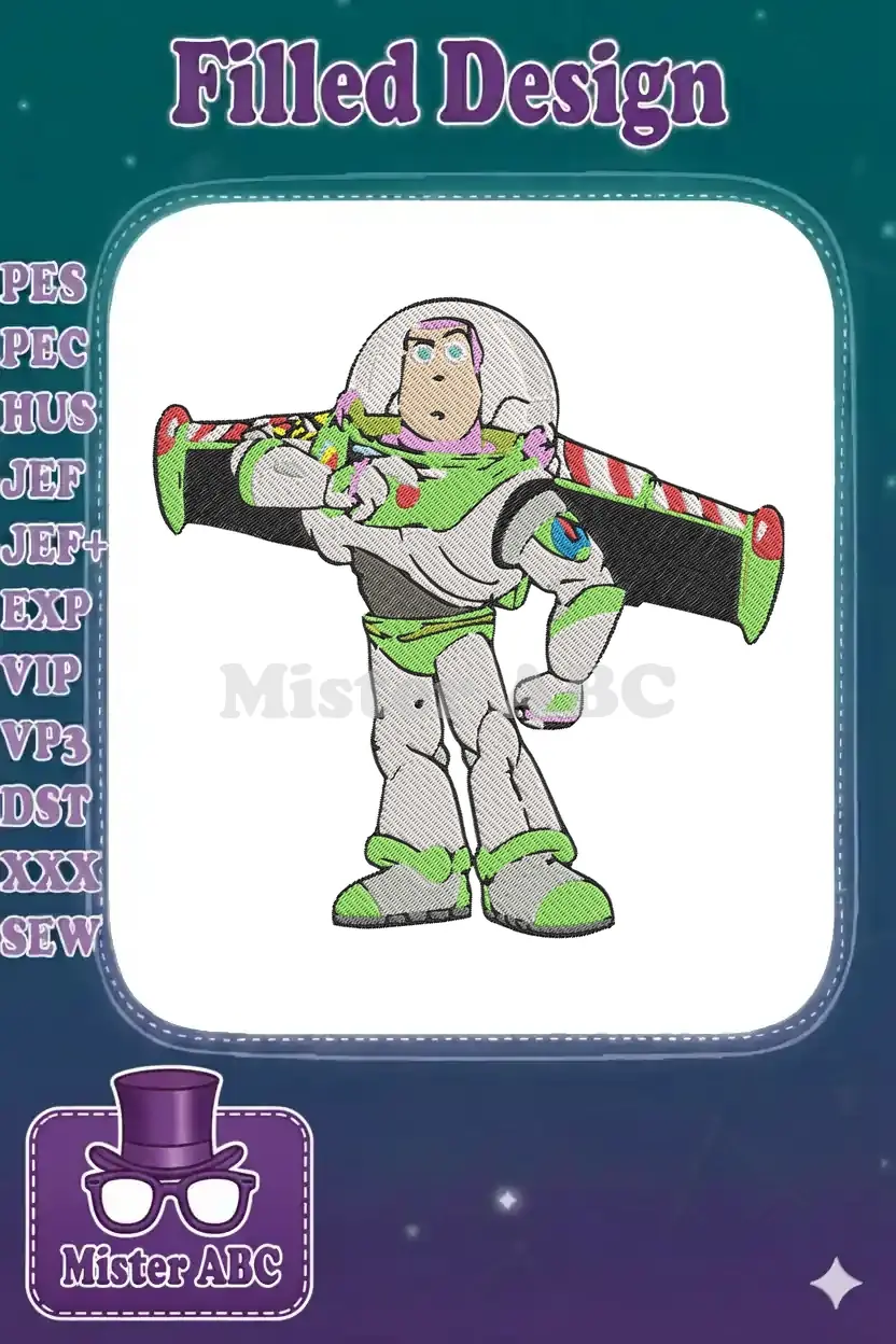 A colorful embroidery design of Buzz Lightyear from Toy Story, standing with his wings spread out, ready for action.