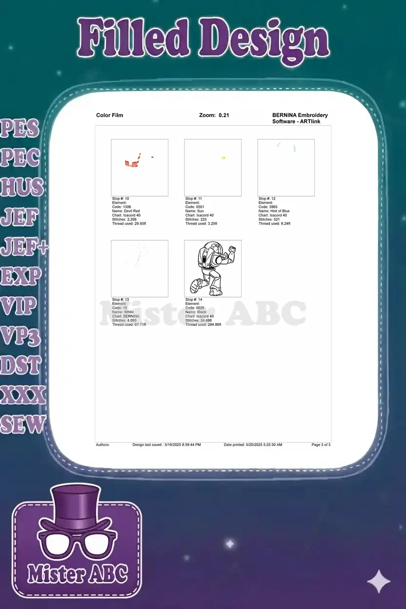 Page 3 of 3 of the embroidery 'Color Film', showing the final stitch layers and outlines for Buzz Lightyear.