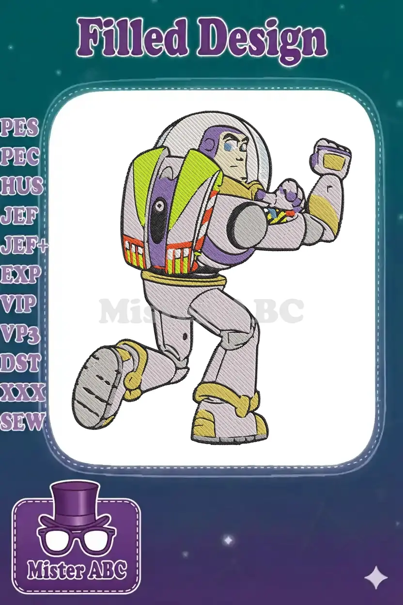 A colorful embroidery design of Buzz Lightyear from Toy Story in a dynamic, action-ready pose, ready for adventure.