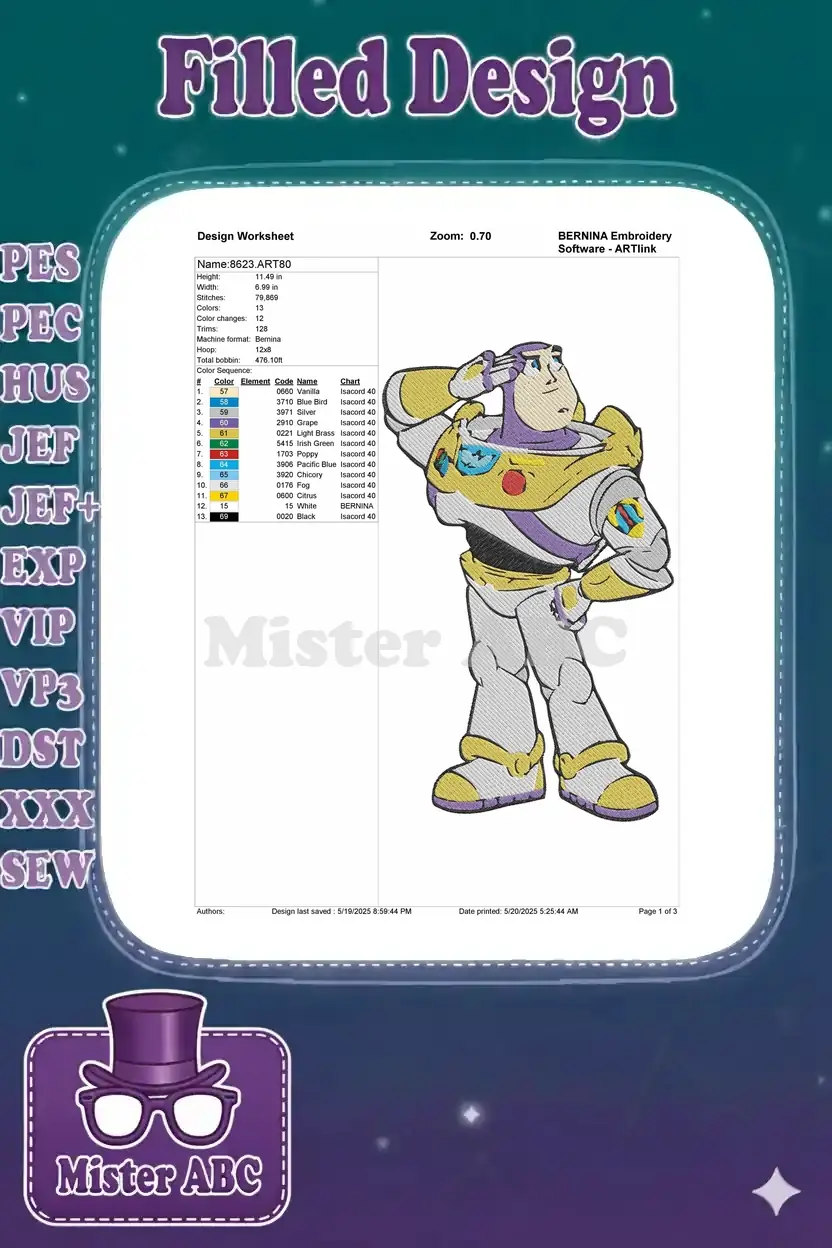BERNINA embroidery design worksheet for Buzz Lightyear, detailing dimensions, stitch count, colors, and thread info.