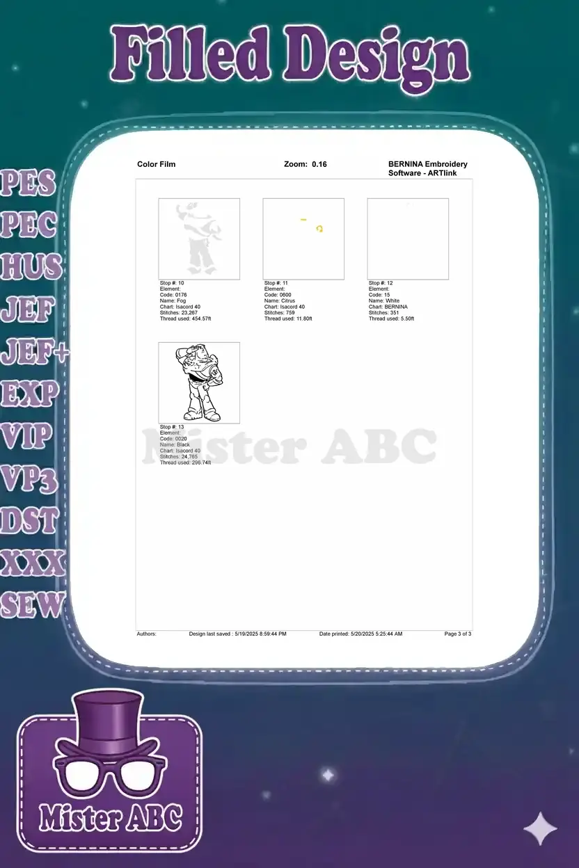 Color Film page 3 of 3 for Buzz Lightyear embroidery, showing remaining color stop elements and final outline.