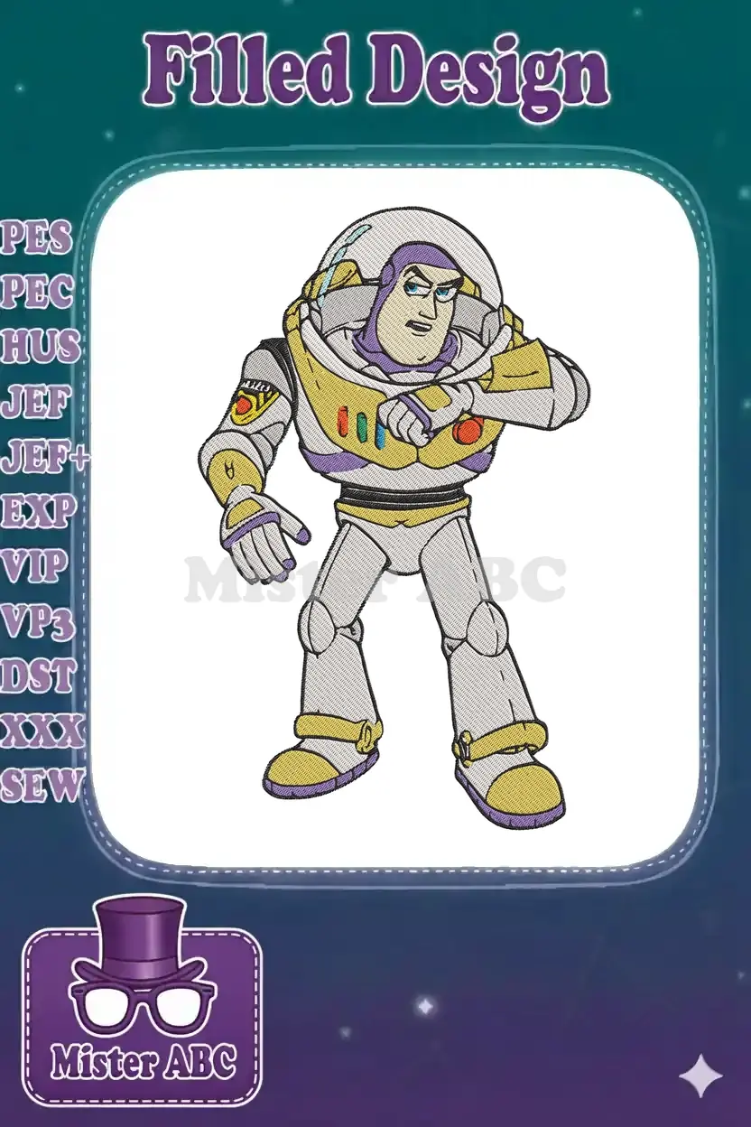 A detailed embroidery design of Buzz Lightyear from Toy Story, featuring his iconic space ranger suit and determined expression.