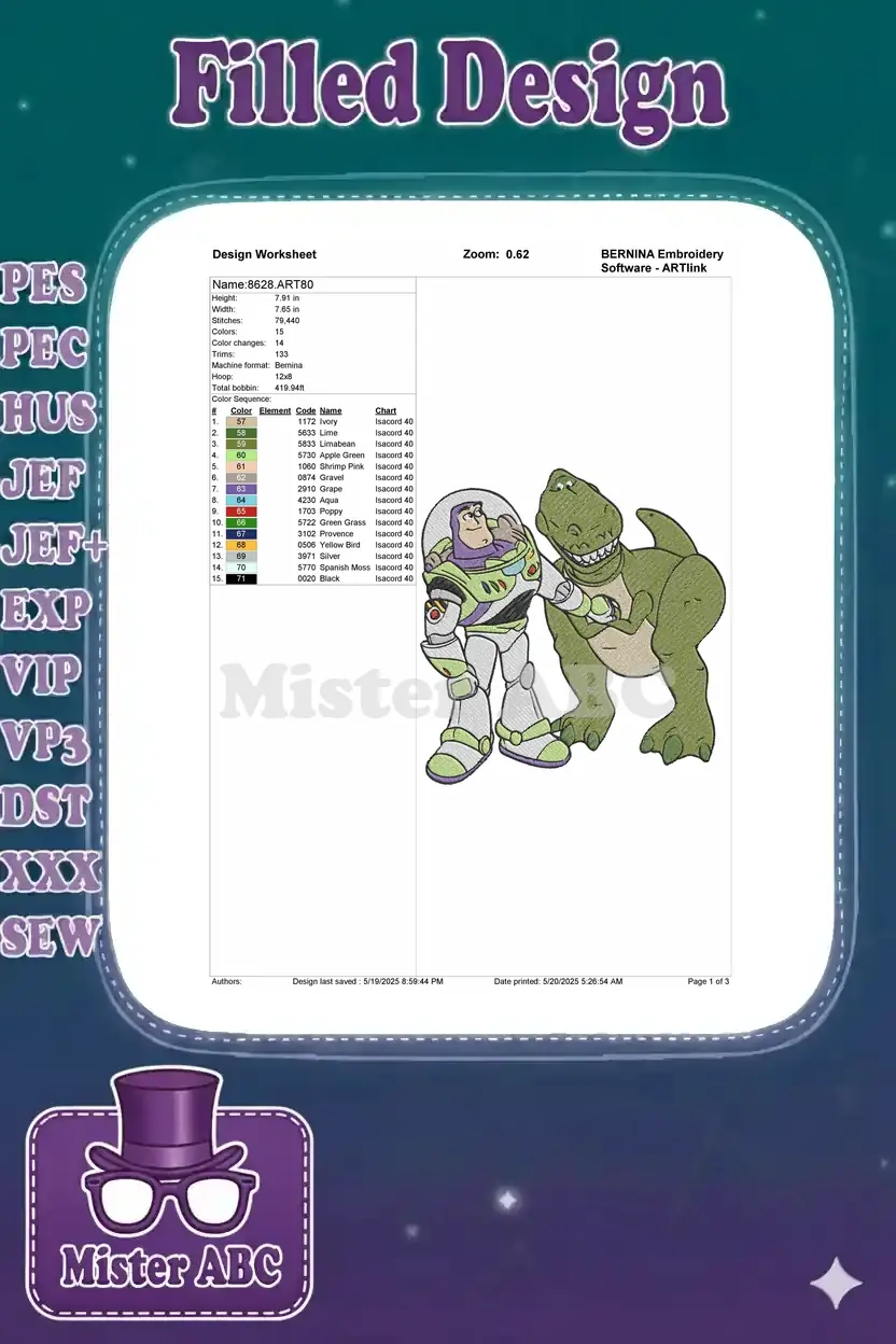 An embroidery design worksheet showing Buzz Lightyear and Rex, along with design specifications, color chart, and dimensions.