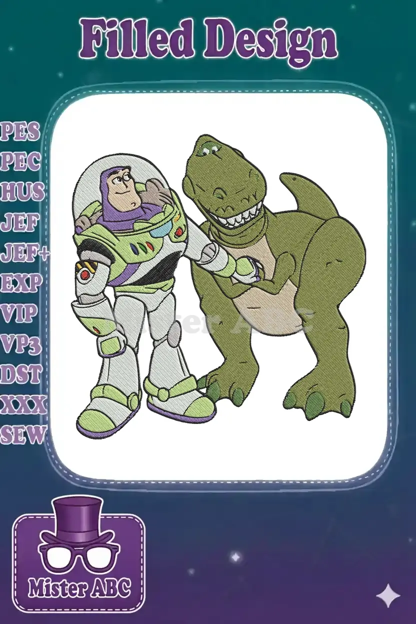 Buzz Lightyear, the space ranger, stands beside Rex, the green T-Rex dinosaur, both smiling in this vibrant embroidery design.