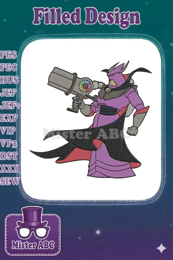 Emperor Zurg, the iconic Toy Story villain, rendered in a dynamic embroidery design, holding his powerful blaster gun.