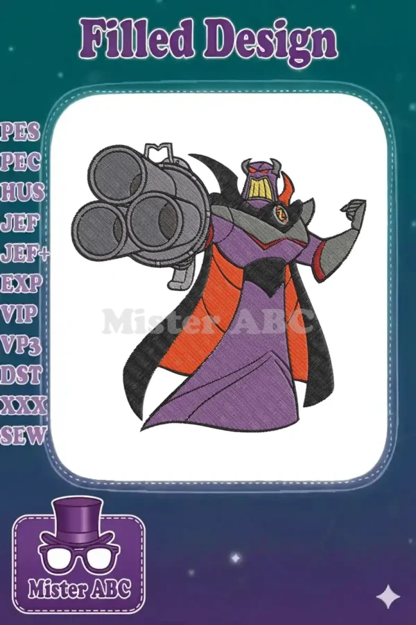 Emperor Zurg embroidery design, featuring the iconic villain from Toy Story with his powerful triple-barreled blaster.