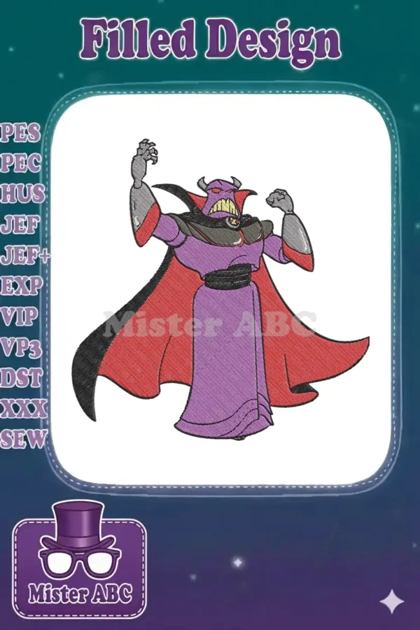A vibrant, detailed embroidery design of Emperor Zurg from Toy Story, depicted in a menacing, powerful stance.