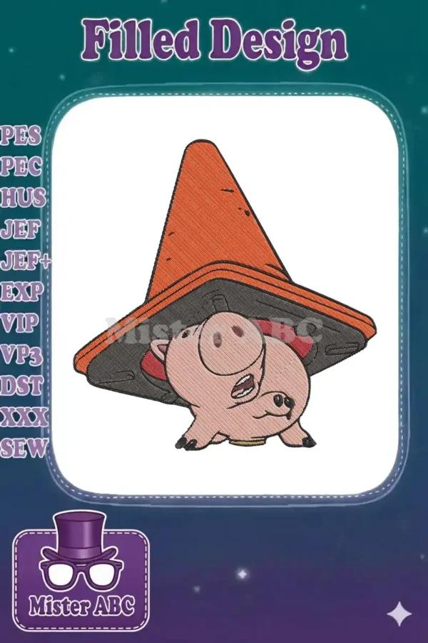 Hamm the piggy bank from Toy Story peeking nervously from under a bright orange traffic cone, a charming embroidery design.