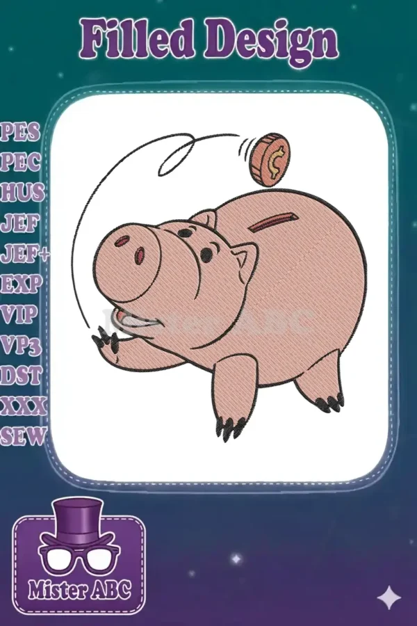 Embroidered Hamm, the iconic pink piggy bank from Toy Story, with a gold coin dropping into his back.