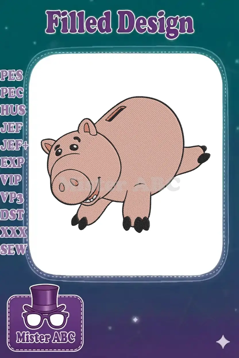 A charming embroidery design of Hamm the piggy bank from Toy Story, featuring his iconic pink body and smile.