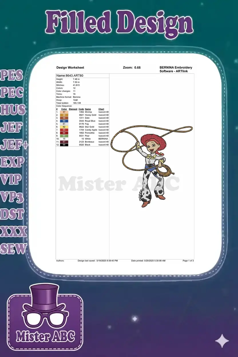 Embroidery design worksheet for Jessie, showing dimensions, stitch count, color changes, and a detailed color chart.