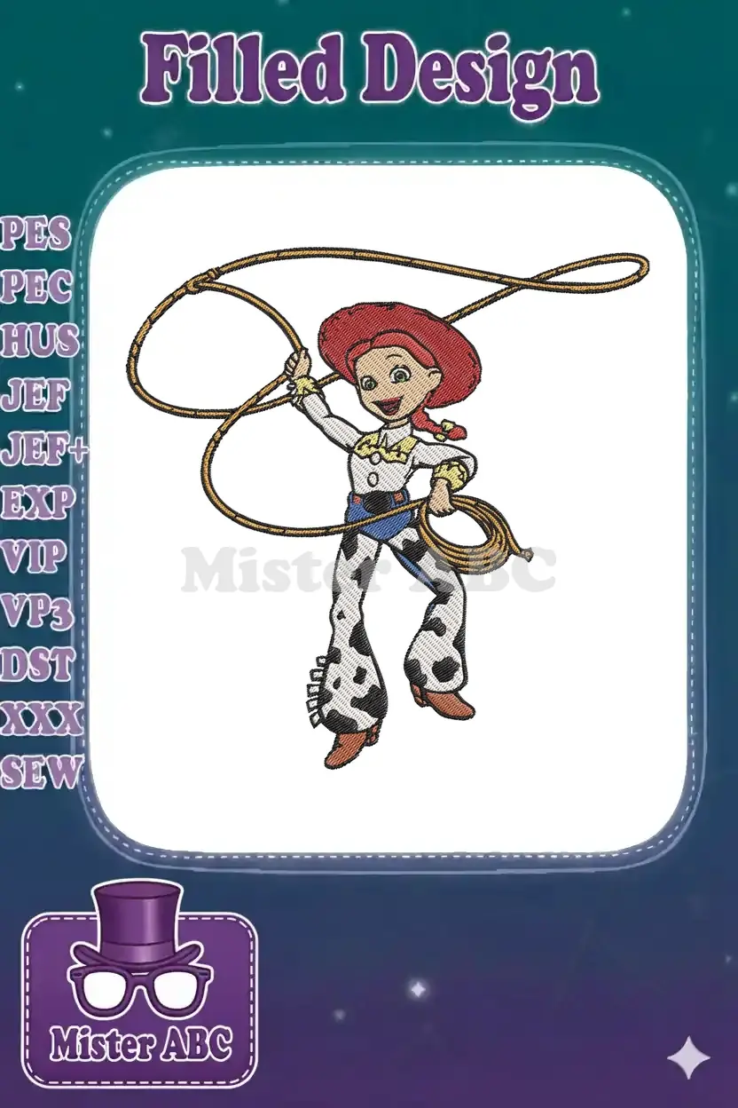 Full-color embroidery design of Jessie from Toy Story, wearing her iconic cowgirl outfit and skillfully swinging a lasso.