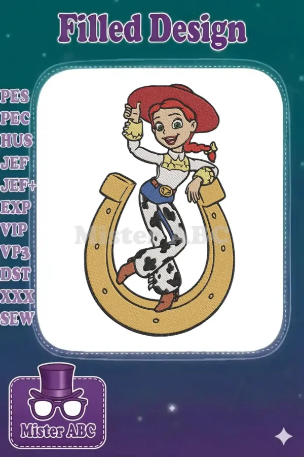 Full view of Jessie the Cowgirl from Toy Story, smiling, standing on a golden horseshoe. Vibrant embroidery design.
