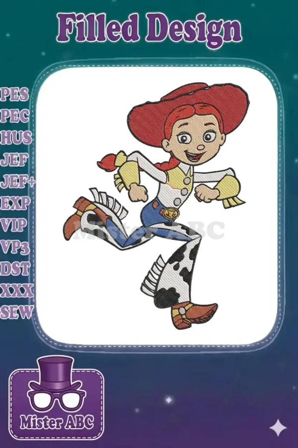 Vibrant embroidery of Jessie from Toy Story in a dynamic running pose, perfect for adding adventure to fabric.