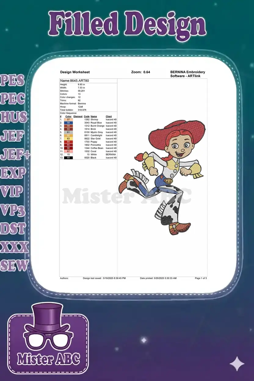 Embroidery design worksheet for Jessie, showing dimensions, stitch count, color sequence, and machine info.