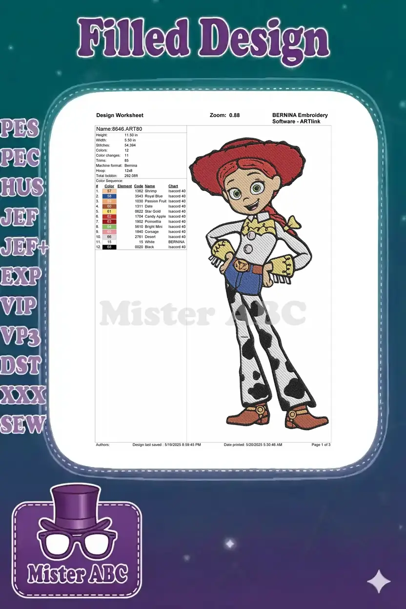 Embroidery design worksheet for Jessie, detailing dimensions, stitch count, color sequence, and thread codes.