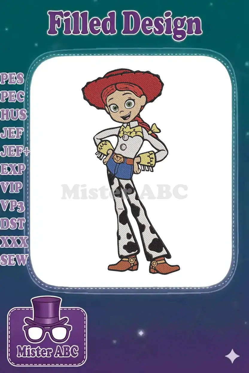 Full-body embroidery of Jessie from Toy Story, featuring her signature red hat, braided hair, and cow-print chaps.