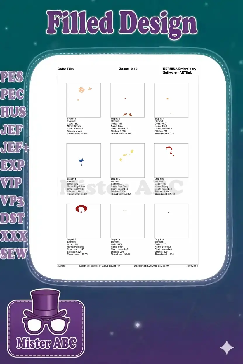 First part of the color film sequence for the Jessie embroidery, showing individual color elements and stitch data.