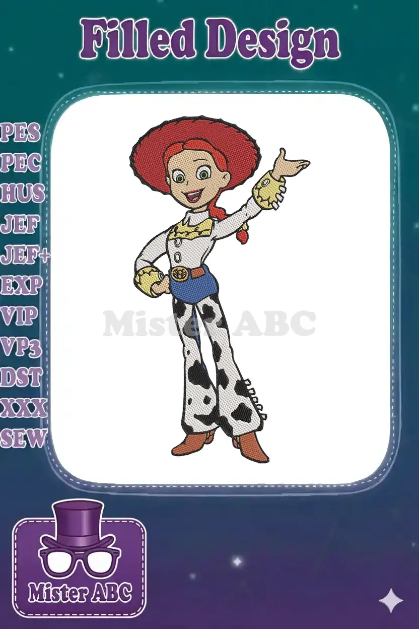 Full-body, vibrant embroidery design of Jessie from Toy Story, smiling with one arm raised in a dynamic, welcoming pose.