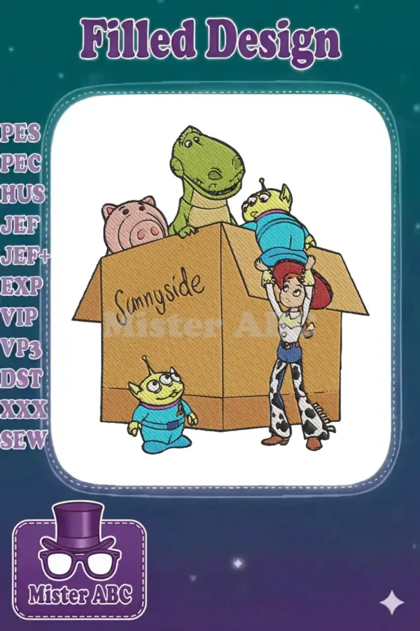 Vibrant embroidery design featuring Toy Story characters Jessie, Rex, Hamm, and Aliens in a Sunnyside box.