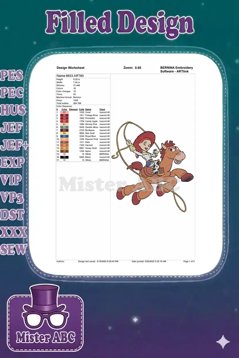 Embroidery design worksheet providing stitch count, dimensions, color sequence, and machine format details.