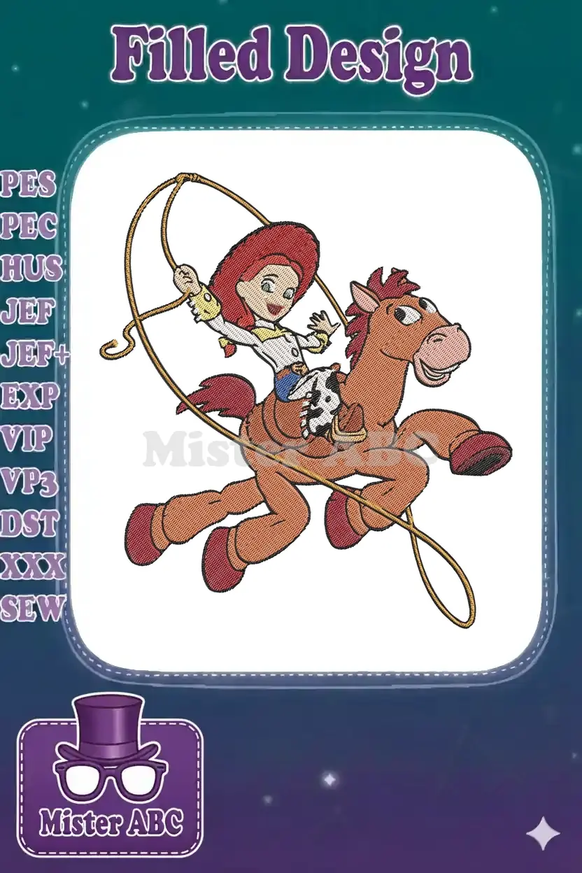 Vibrant embroidery design of Jessie from Toy Story riding Bullseye with a lasso, on a white background.