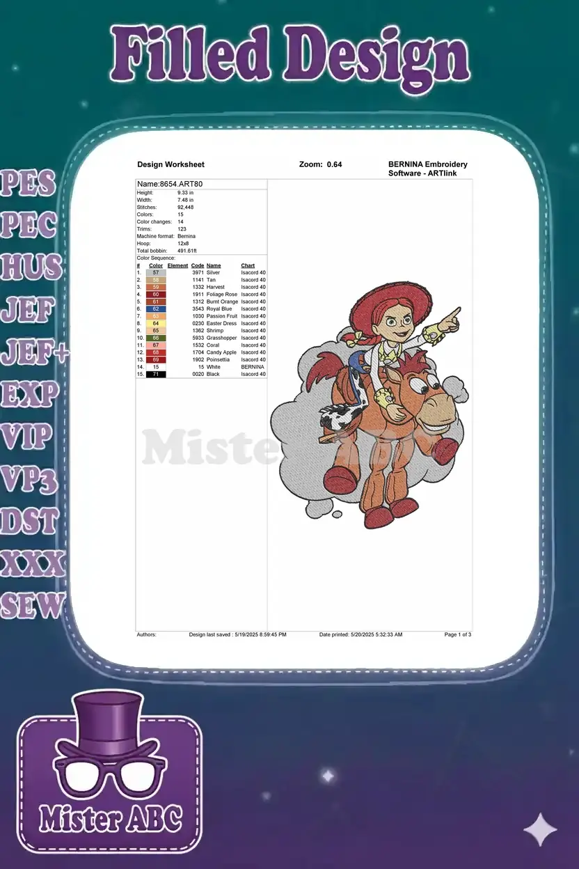 Embroidery design worksheet for '8654' featuring Jessie and Bullseye, displaying stitch count and color details.
