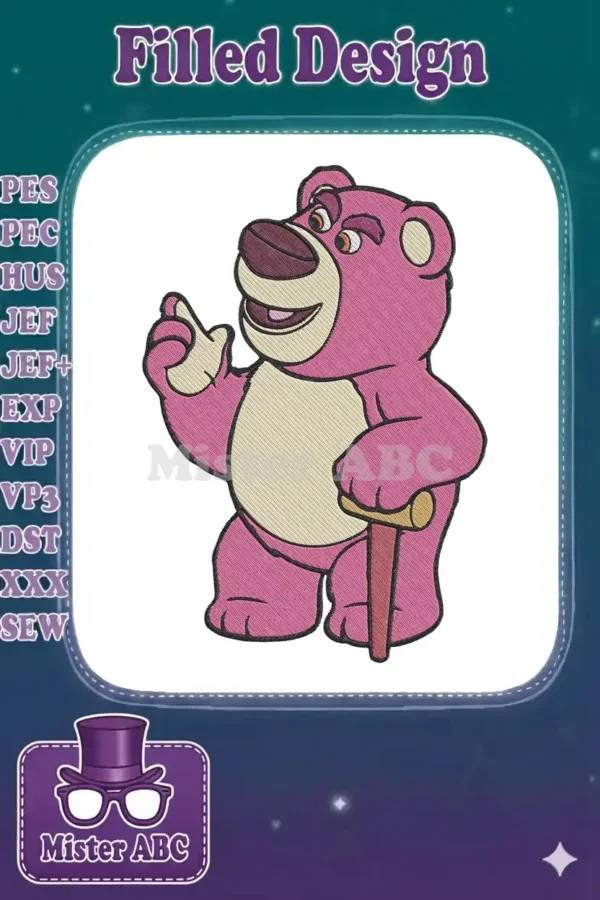 Detailed embroidery design of Lotso Huggin' Bear, the pink teddy bear from Toy Story, holding a cane.