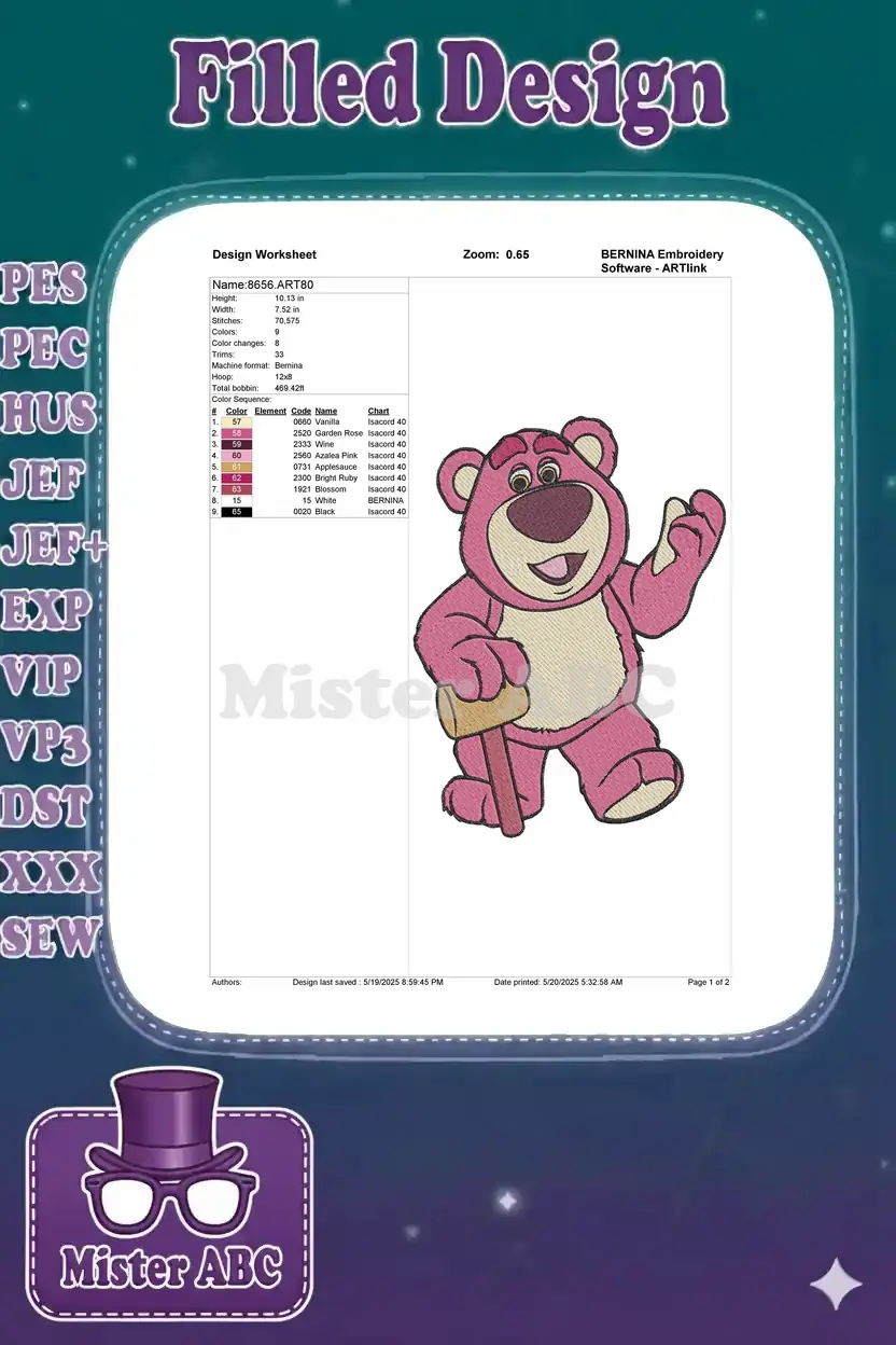 Embroidery design worksheet for Lotso Huggin' Bear, detailing dimensions, stitch count, color sequence, and machine info.