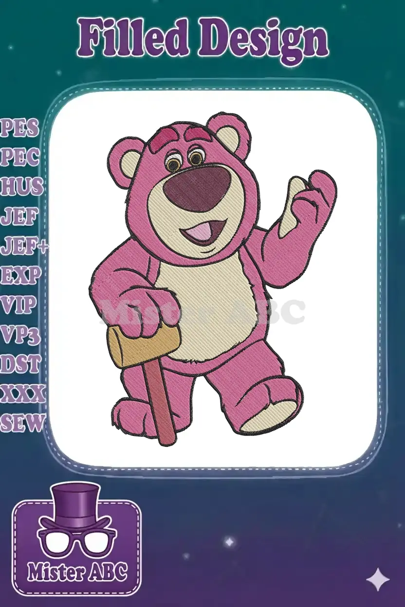 Detailed embroidery of Lotso Huggin' Bear, the beloved pink bear from Toy Story, with his signature mallet.