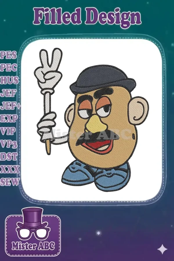 Embroidered Mr. Potato Head design, holding up a peace sign, featuring classic colors and detailed stitching.