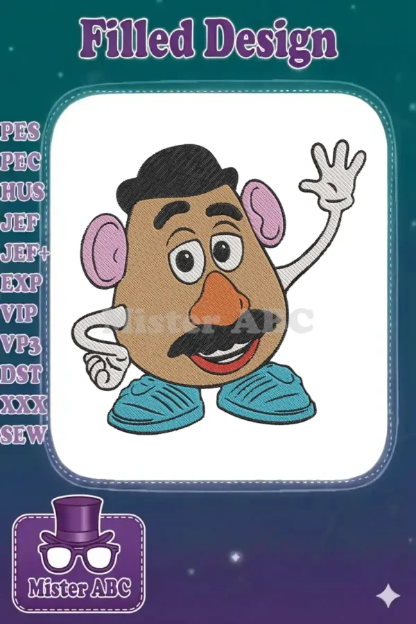 A vibrant embroidery design of Mr. Potato Head from Toy Story, featuring his classic hat, mustache, and a friendly wave. Perfect for fans!