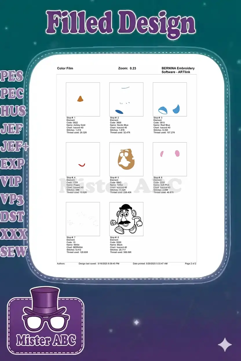 Color film breakdown for Mr. Potato Head embroidery, illustrating the stitching order for each color.
