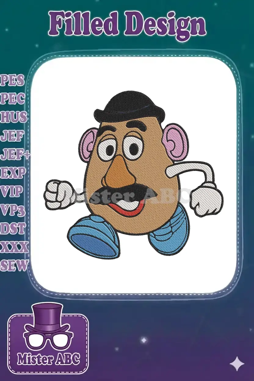 Mr. Potato Head embroidery design in a lively pose, featuring his iconic hat, mustache, and blue shoes.