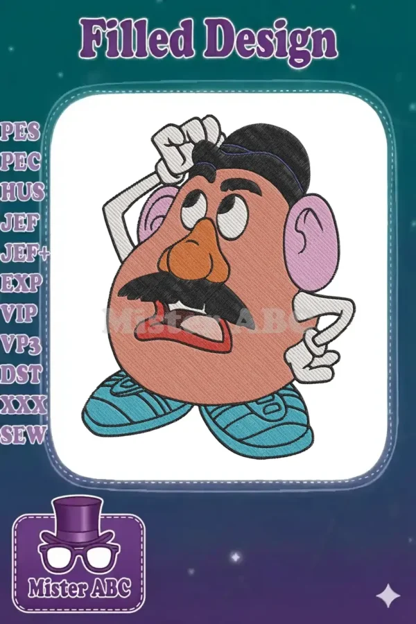 A detailed embroidery design of Mr. Potato Head from Toy Story, depicted with a surprised expression and vibrant colors.