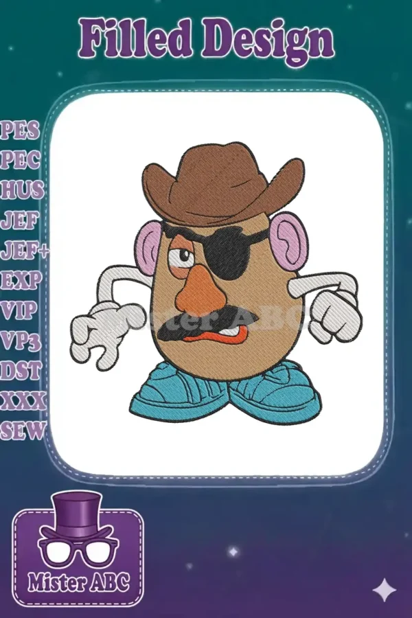 Mr. Potato Head embroidery design with a brown cowboy hat, black eyepatch, and blue shoes, on a white background.
