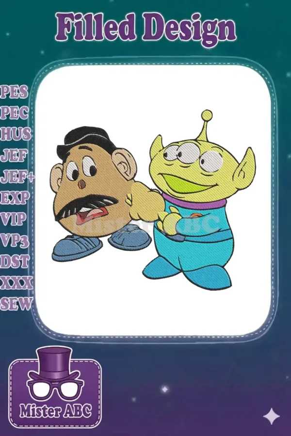 Vibrant embroidery design featuring Mr. Potato Head with a mustache and a cheerful green Toy Story Alien.