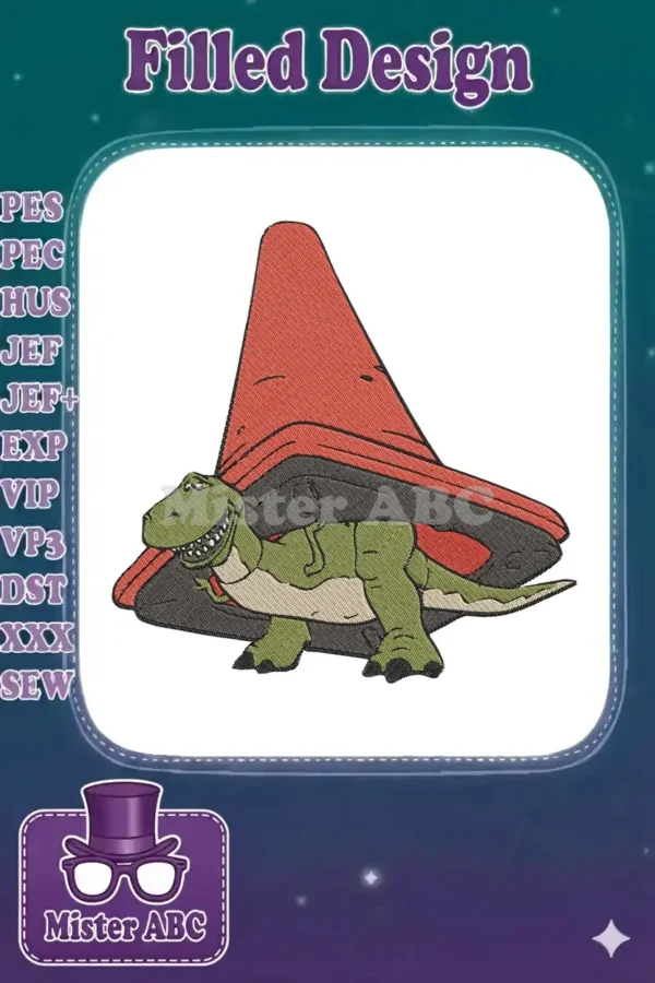 Playful embroidery design of Rex the dinosaur from Toy Story, wearing a red and black traffic cone on his head.