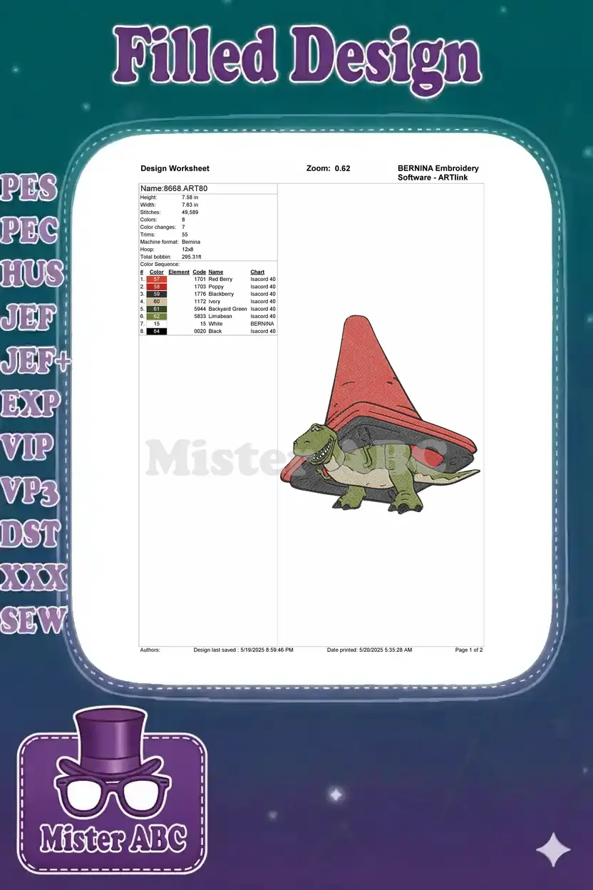 Embroidery design worksheet for Rex with traffic cone, showing dimensions, stitch count, and color sequence.