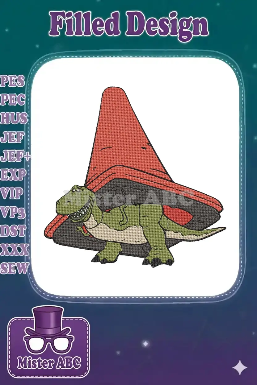 Playful embroidery design of Rex the dinosaur from Toy Story, wearing a red and black traffic cone on his head.